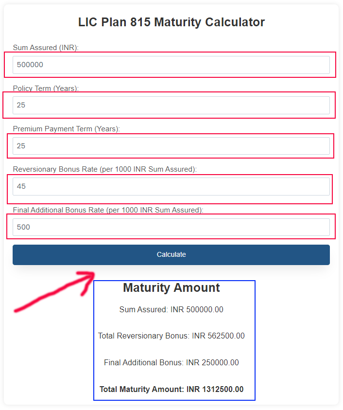 LIC Plan 815 Maturity Calculator Interface