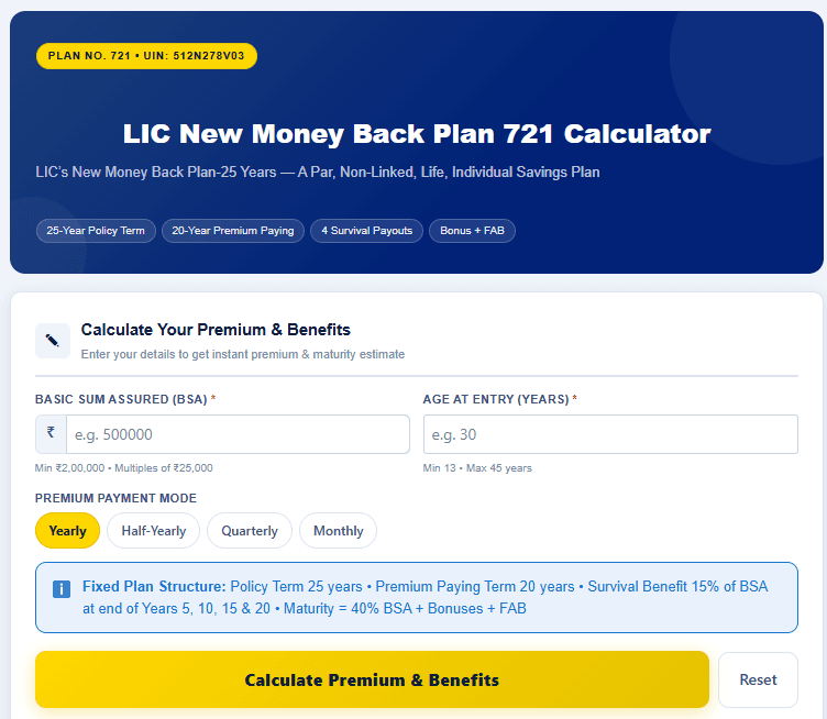 LIC New Money Back Plan 721 Calculator