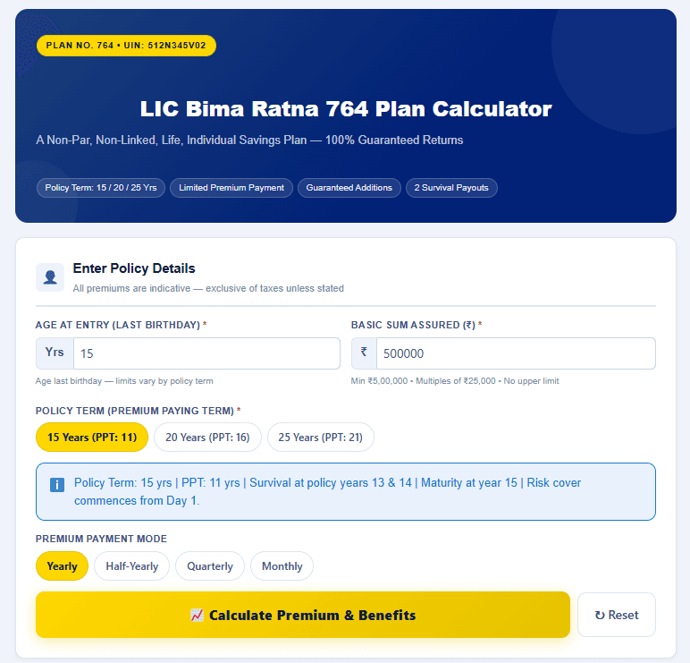 LIC Bima Ratna 764 Plan Calculator